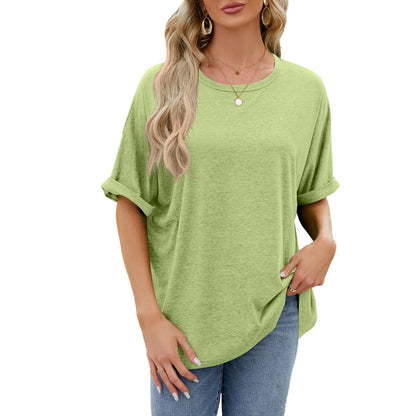Camiseta informal de verano para mujer, color liso, cuello redondo y manga corta