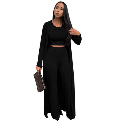 Conjunto casual de tres piezas con top y pantalón de color liso para mujer