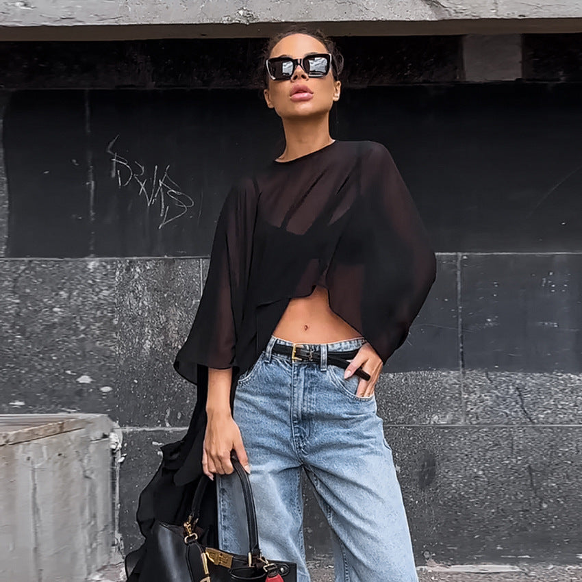 Blusa informal holgada de gasa de manga larga para mujer