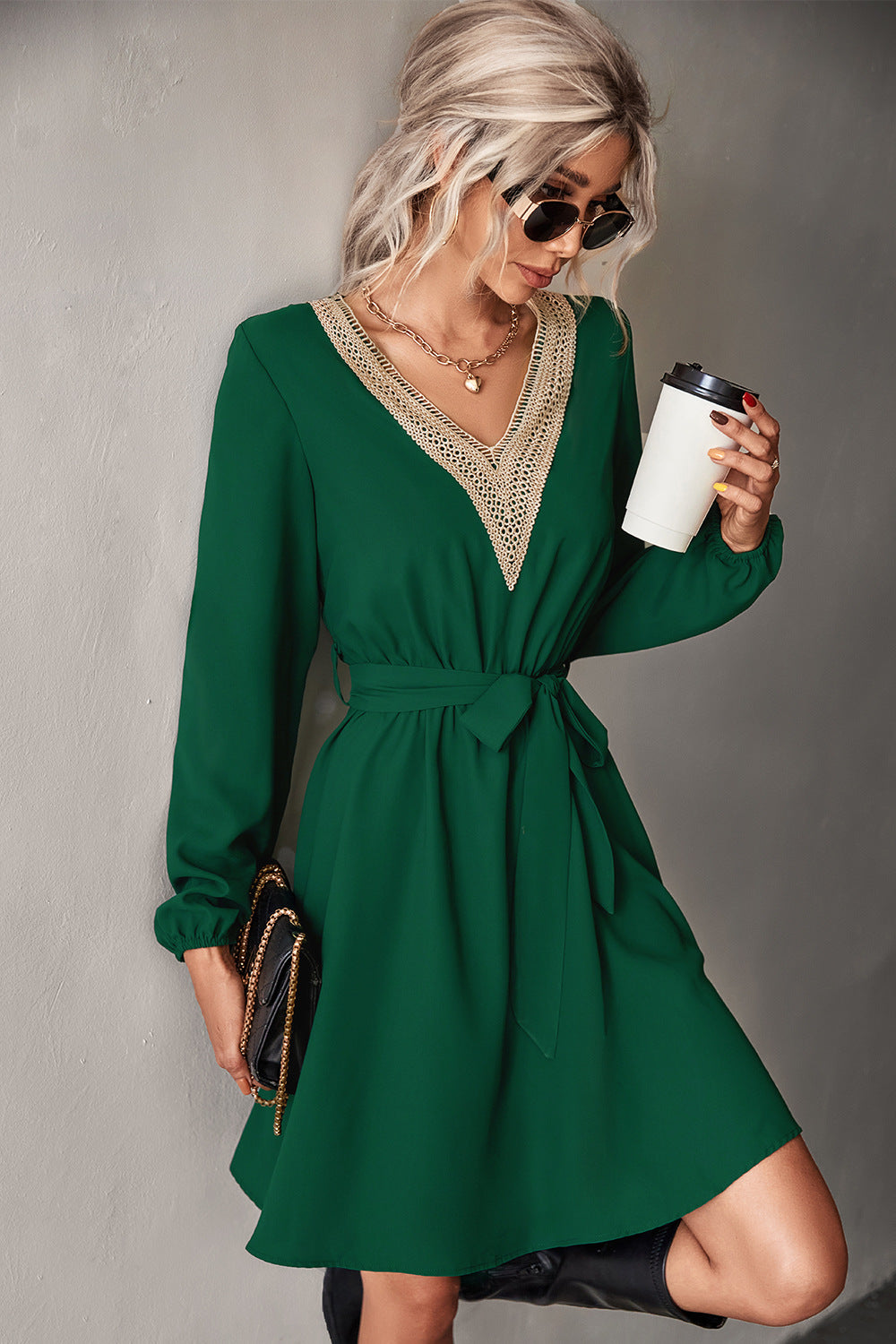 Vestido informal de manga larga con encaje y escote en V para mujer, moda Otoño Invierno