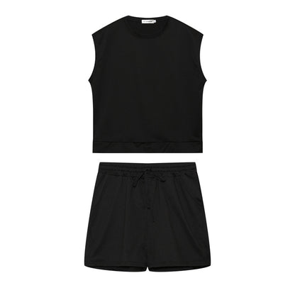 Conjunto de dos piezas de top y pantalones cortos sin mangas informales de color liso para mujer