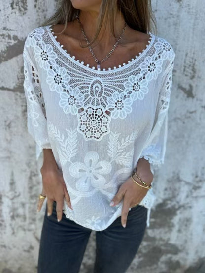 Blusa informal bohemia de manga larga con bordados y aberturas para mujer