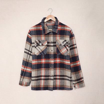 Abrigo informal con solapa y estampado a cuadros para mujer, otoño e invierno