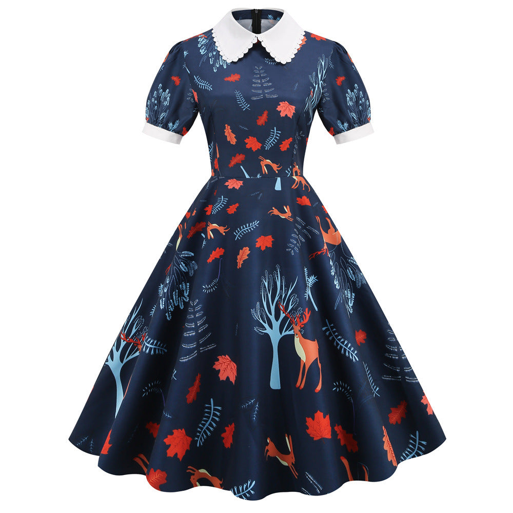 Women Vintage Summer Floral Printed Short-Sleeved Doll Collar Casual Large Swing Dress