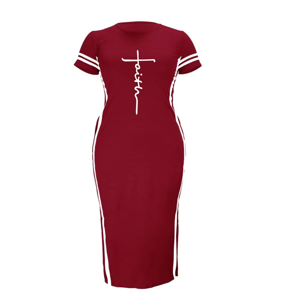 Women Fashion Casual Printed Split Short Sleeve Round Neck Plus Size Dress