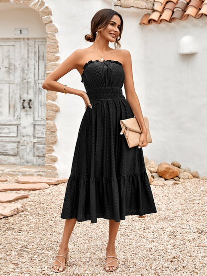 Fashion Tube Top Women Casual Off-shoulder Solid Color Corset Waist Sleeveless Midi Dress