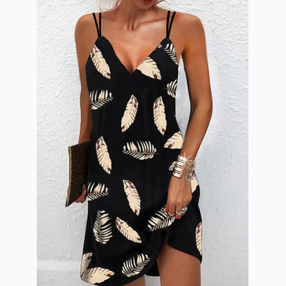 Summer Women Casual V-Neck Printed Mini Suspender Dress