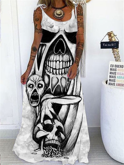 Casual Boho Stlye Women Halloween Skull Print Loose Maxi Dress