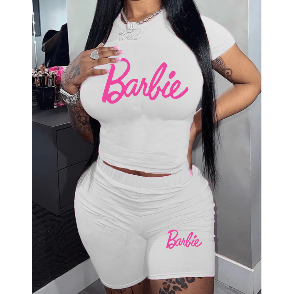 Conjunto de dos piezas con top y pantalones cortos con estampado del alfabeto de Barbie para mujer
