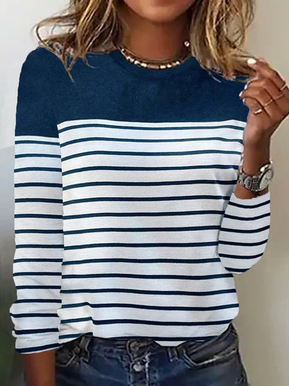Camiseta informal de manga larga con estampado de rayas y cuello redondo para mujer
