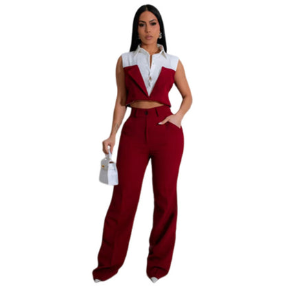 Conjunto de dos piezas de top corto sin mangas con solapa y pantalones ajustados con contraste de color para mujer