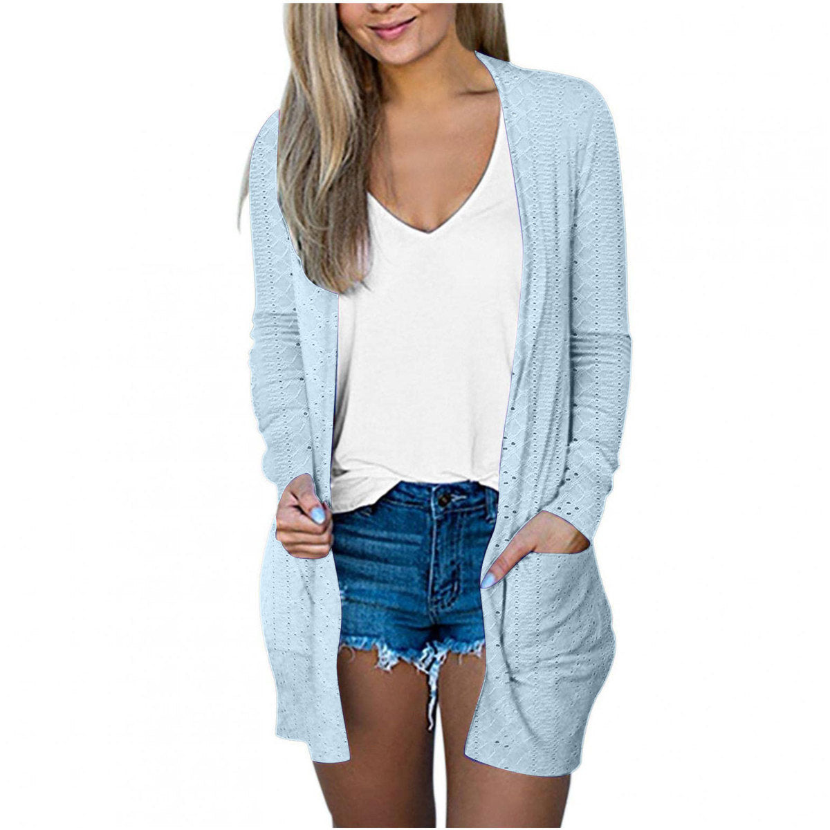 Abrigo informal holgado de manga larga con bolsillos en color liso para mujer