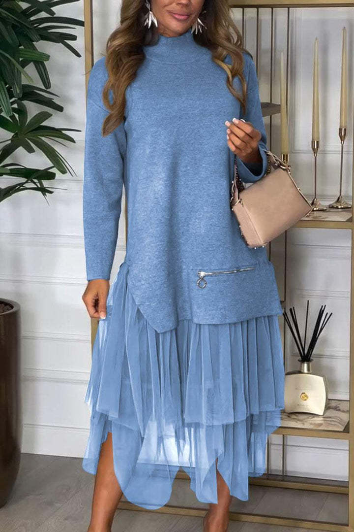 Women Fashion Casual Long Sleeve Mesh Stitching Dress