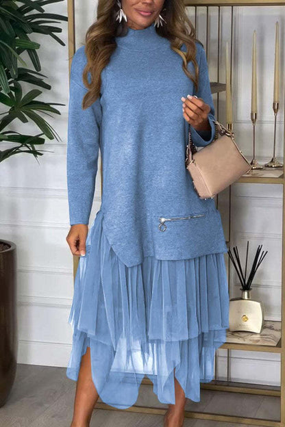 Women Fashion Casual Long Sleeve Mesh Stitching Dress