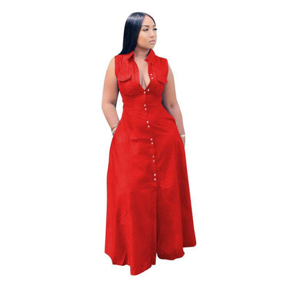 Women Fashion Casual Plus Size Solid Color Lapel Sleeveless Maxi Dress