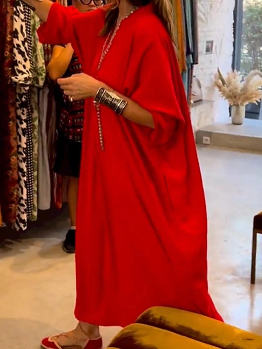 Vestido largo informal de oficina con bolsillos y escote en V, manga corta, holgado y elegante, de color liso, para mujer