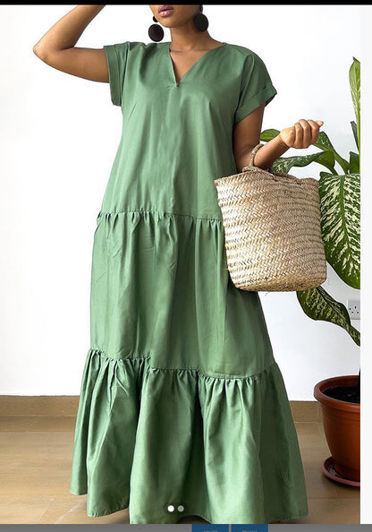 Women Fashion Casual Solid Color V-Neck Short Sleeve Maxi Dress