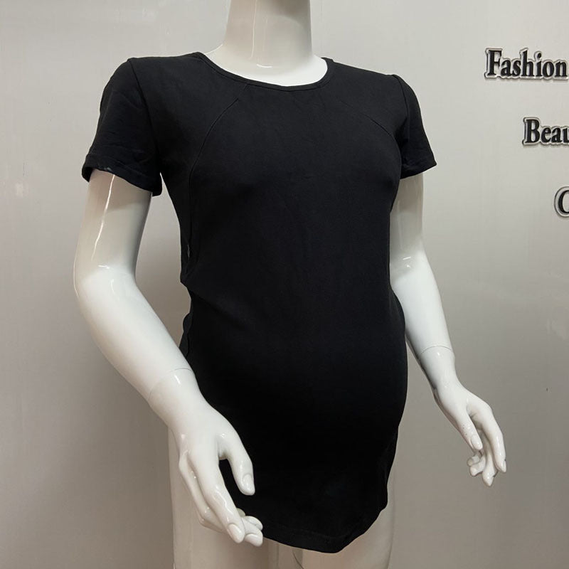Camiseta informal de lactancia para embarazadas, color liso, cuello redondo y manga corta