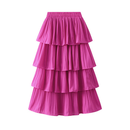 Women Casual Solid Color Stitching Pleated Skirt