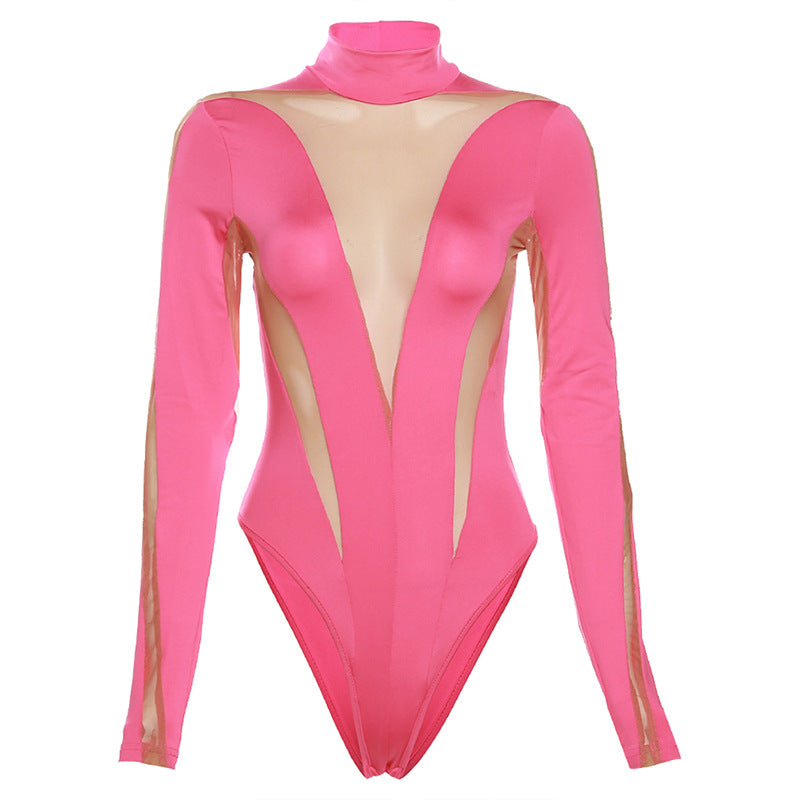 Summer Women Sexy Casual Mesh Stitching High Waist Long Sleeve Tight Bodysuit