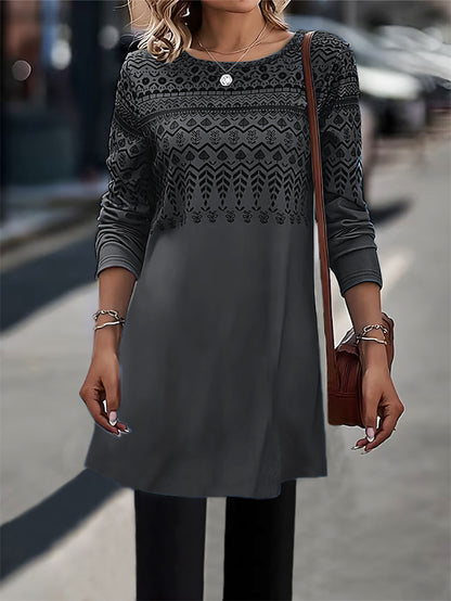 Women Fashion Casual Geometric Print Round Neck Long Sleeve Dress