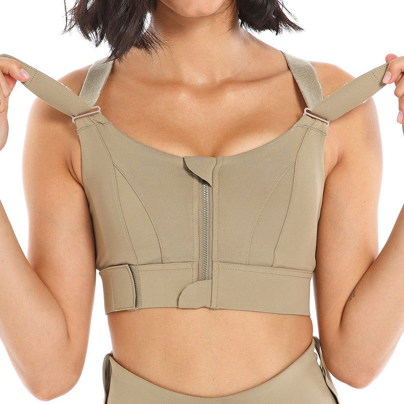 Women Casual Solid Color Yoga Zipper Plus Size Adjustable Sports Bra