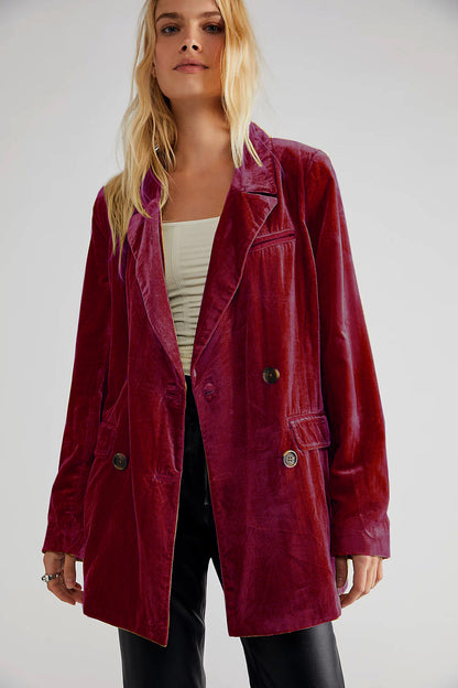 Chaqueta de traje de terciopelo dorado de color liso informal a la moda para mujer