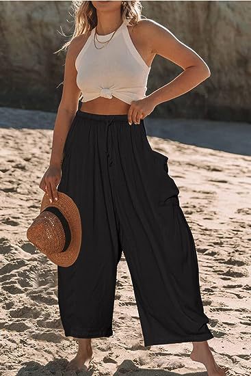 Pantalones cargo informales para mujer, con cintura elástica, plisados, de cintura alta, anchos y holgados, de algodón y lino con bolsillos.