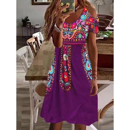Women Bohemian Style Pleated Off-Shoulder Short-Sleeved Casual Midi Dress
