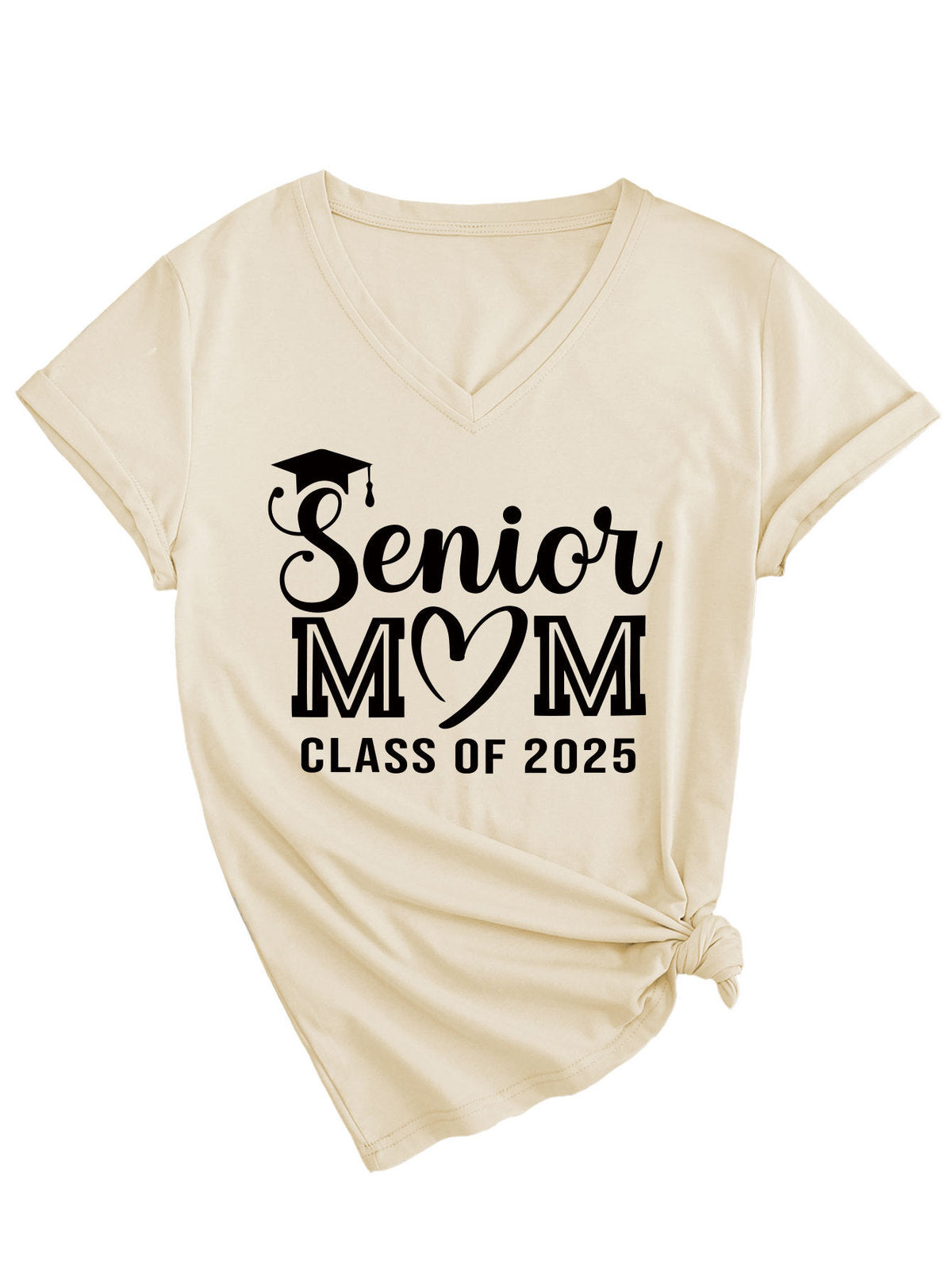 Camiseta informal de verano para mujer, color liso, con estampado de letras Mom, cuello en V y manga corta 2025