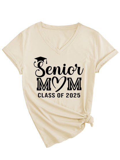 Camiseta informal de verano para mujer, color liso, con estampado de letras Mom, cuello en V y manga corta 2025