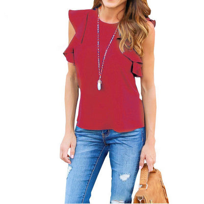 Blusa informal sin mangas con volantes de gasa de color liso a la moda para mujer