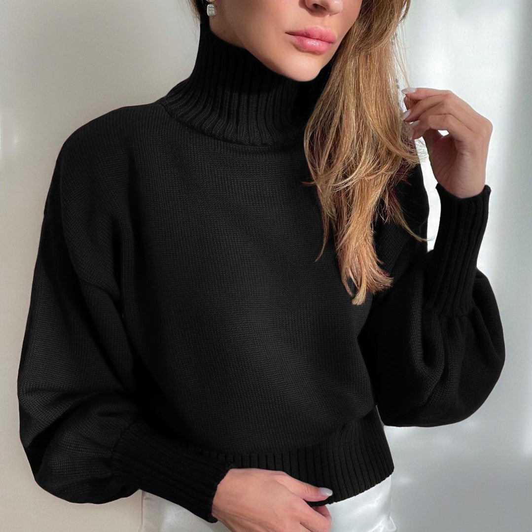 Suéter de punto con mangas abullonadas y cuello alto de color liso informal de invierno para mujer