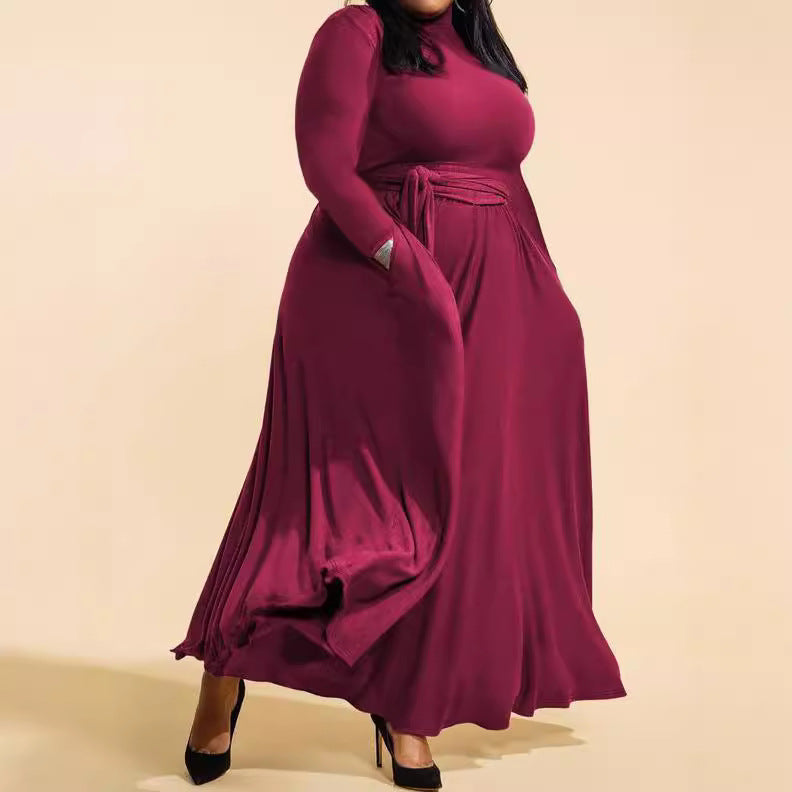 Women Fashion Casual Solid Color High Neck Long Sleeve Lace-Up Plus Size Dress