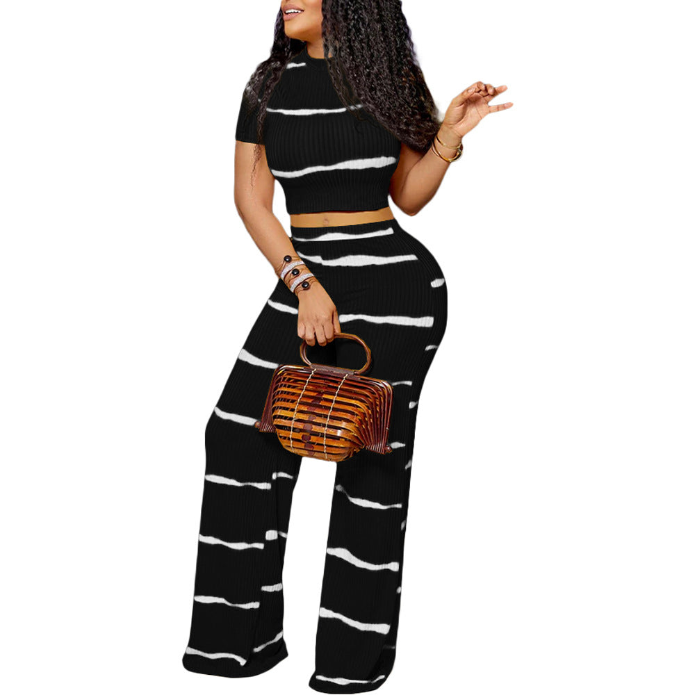 Conjunto de pantalón y top corto de manga corta con estampado de rayas para mujer