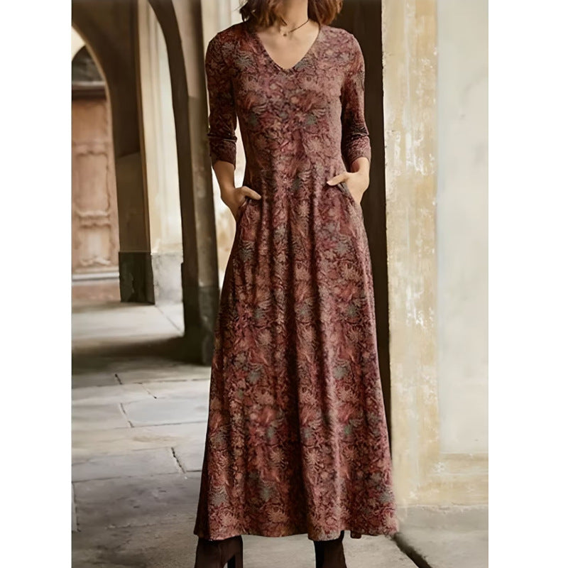 Women Fashion Casual Printed V-Neck Pocket Long Sleeve Maxi Dress