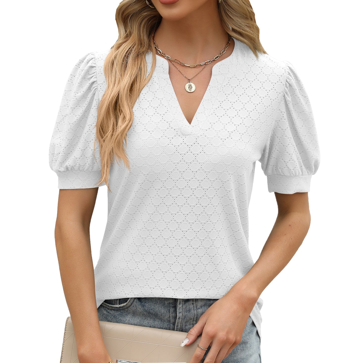 Blusa informal de verano para mujer, holgada, con escote en V, mangas abullonadas y plisada de manga corta