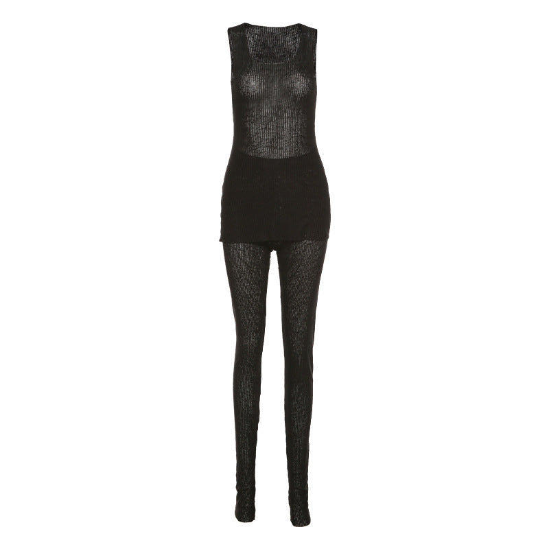 Conjunto informal de camiseta sin mangas con abertura y pantalones ajustados transparentes para mujer