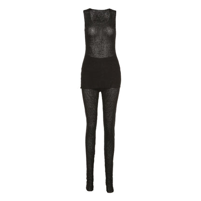 Conjunto informal de camiseta sin mangas con abertura y pantalones ajustados transparentes para mujer