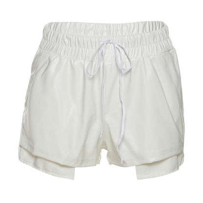 Women Contrast Color Imitation Leather Lace High Waist Hip Tight Casual Shorts