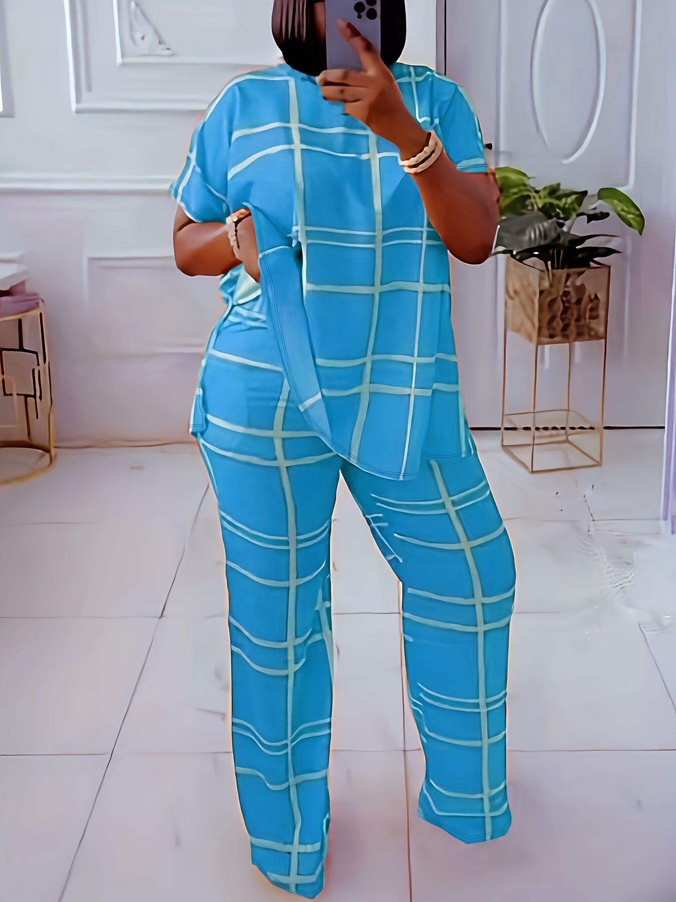 Conjunto de dos piezas informal de talla grande para mujer, con estampado a cuadros, manga corta, pantalones anchos