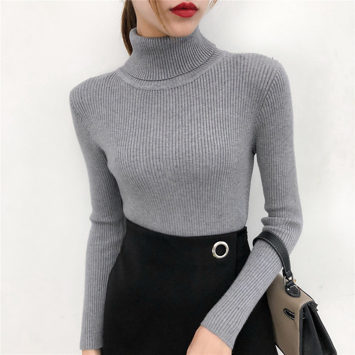 Top de punto de manga larga con cuello alto y color liso informal básico a la moda para mujer
