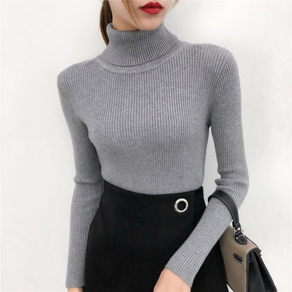 Top de punto de manga larga con cuello alto y color liso informal básico a la moda para mujer