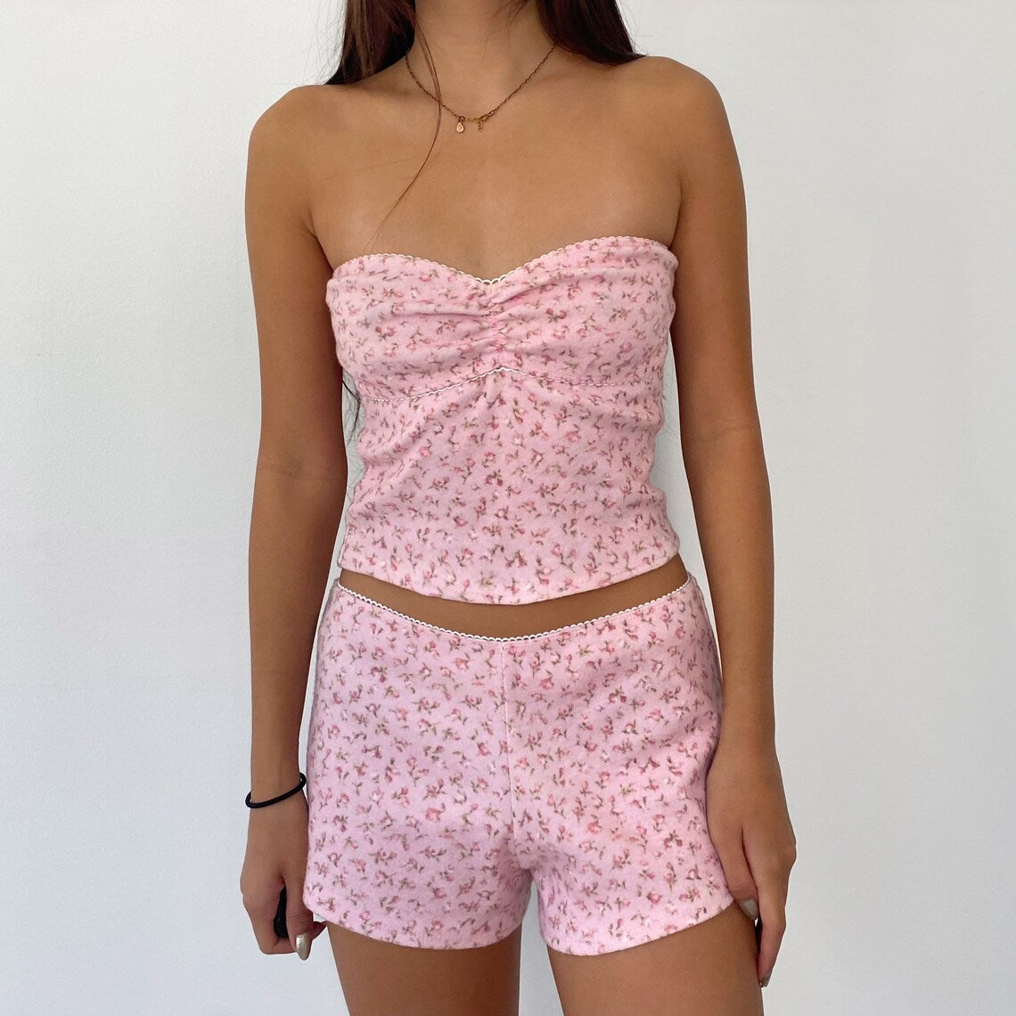 Summer Vacation Women Casual Floral Printing Stretch Tube Top Lace Shorts Set