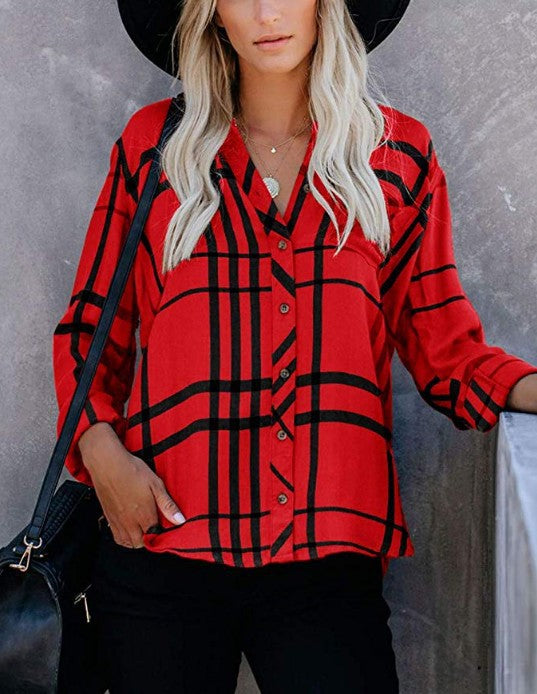 Camisa informal de manga larga con estampado a cuadros y solapa para mujer