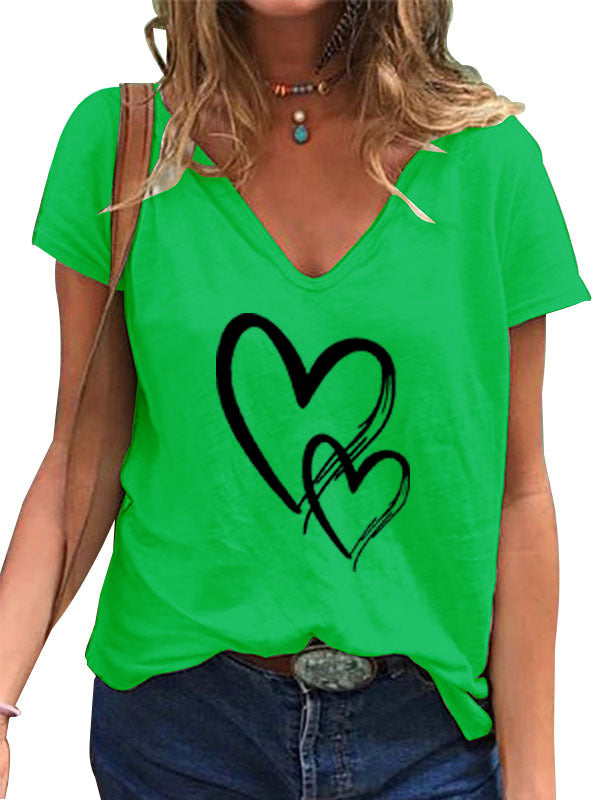 Camiseta informal de manga corta con cuello en V y estampado de corazón para mujer
