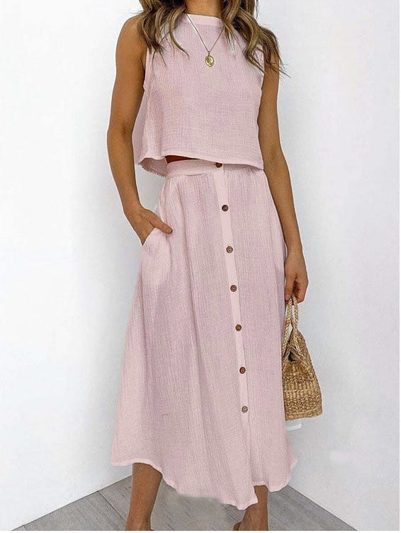 Conjunto de dos piezas de camiseta sin mangas con cuello redondo informal para mujer, largo midi y falda con botones.
