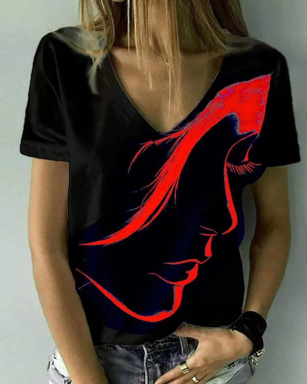 Camiseta básica de verano con cuello en V y estampado 3D de personajes informales para mujer