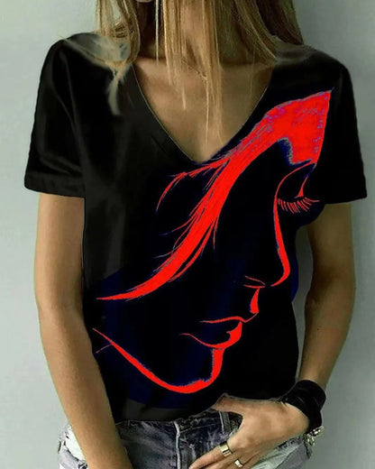 Camiseta básica de verano con cuello en V y estampado 3D de personajes informales para mujer