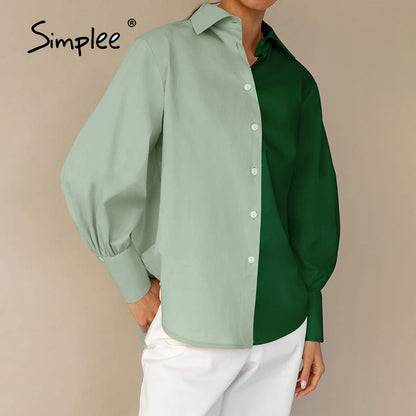 Blusa informal de trabajo para mujer con mangas largas abullonadas, botonadura sencilla y diseño de bloques de color